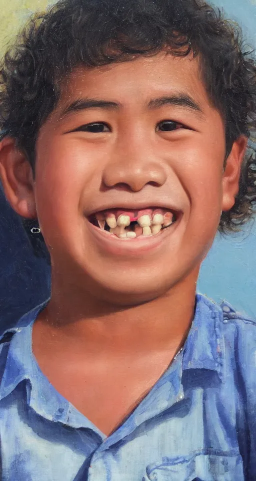 Prompt: oil portrait of one teenage chubby filipino boy smiling with crooked teeth, with a curly perm, and with small studded earings, 4 k, photorealistic, high detail