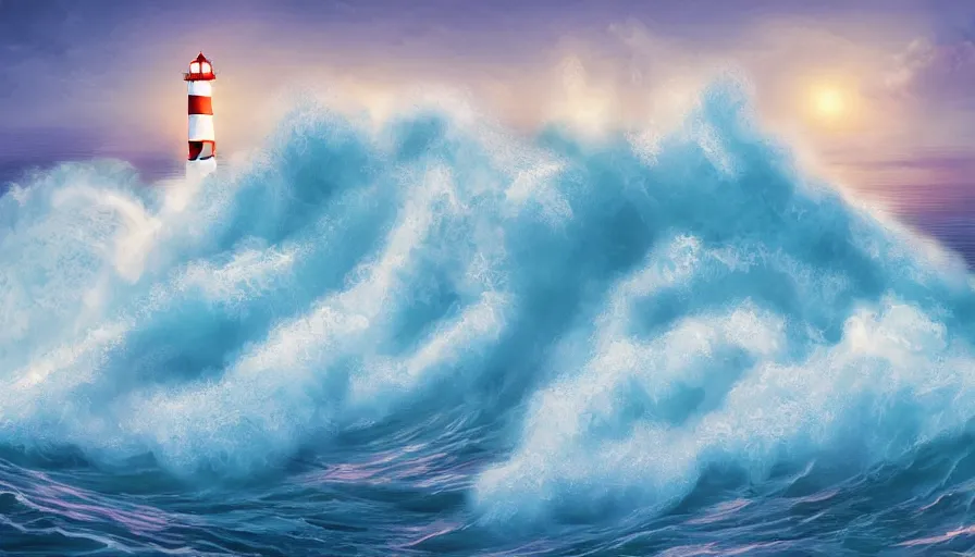 Image similar to a lighthouse being struck by a huge wave out at sea, digital art, highly detailed, realistic, bright colors, 8 k