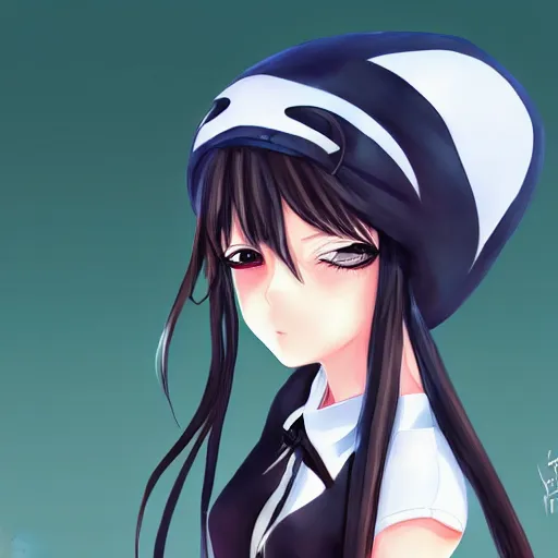 Image similar to digital anime art , a anime girl in a school outfit wearing a orca on her head, posing for the camera, blue eyes Rossdraws, WLOP