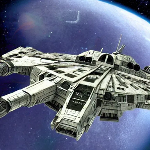 Image similar to the millennium falcon in the style of star fox 64 graphics