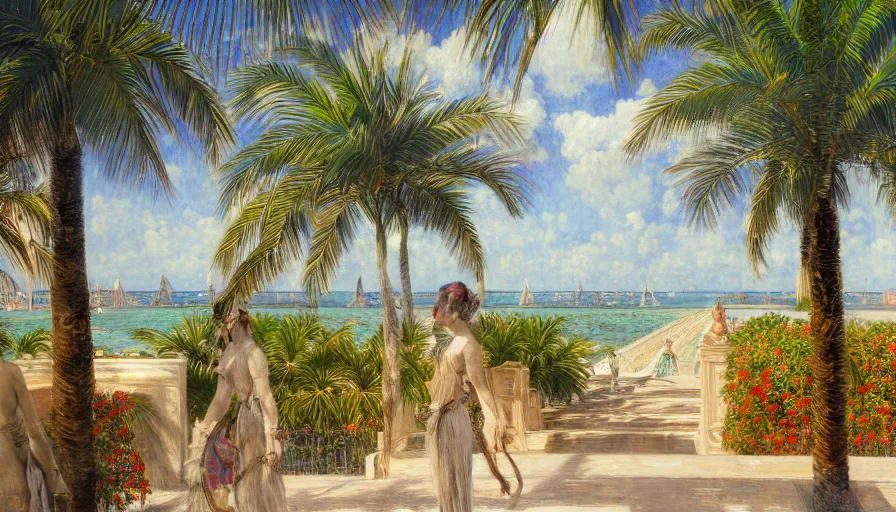 Image similar to a ultradetailed beautiful painting of the amazonas palace balustrade designed by jules bastien - lepage, tarsila do amaral, frank weston and gustave baumann, beach, trending on artstation, mediterranean, palm trees, sharp focus, colorful refracted sparkles and lines, soft light, 8 k 4 k