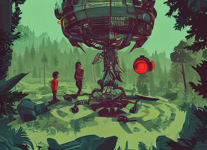 Prompt: aliens discovering technological artifact in a forest. in gta v by android jones and petros afshar, tom whalen, james gilleard