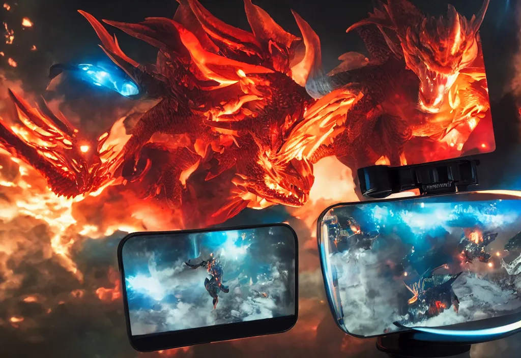 Image similar to 3 d firedragon popping out of curved movie screen, fighting a shielded knight, volumetric lighting, bedroom, visor, users, pair of keycards on table, bokeh, creterion collection, shot on 7 0 mm, instax