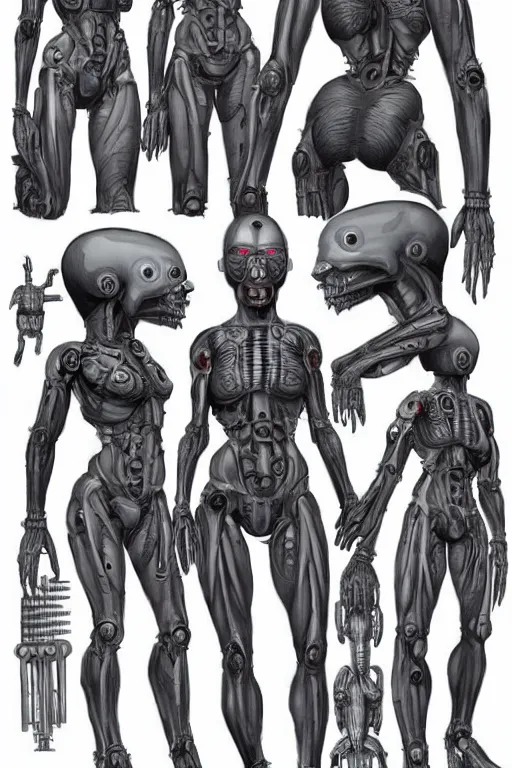 Prompt: cyclops!! cyborg female with gunmetal grey skin, medical anatomy, cyberpunk face, highly detailed, japanese, mecha asthetic, mechanical implants, three - perspective / three - view reference sheet ( front / back / side ), in the style of dan ouellette, dren from splice, hr giger, sil from species, artstation, unreal engine