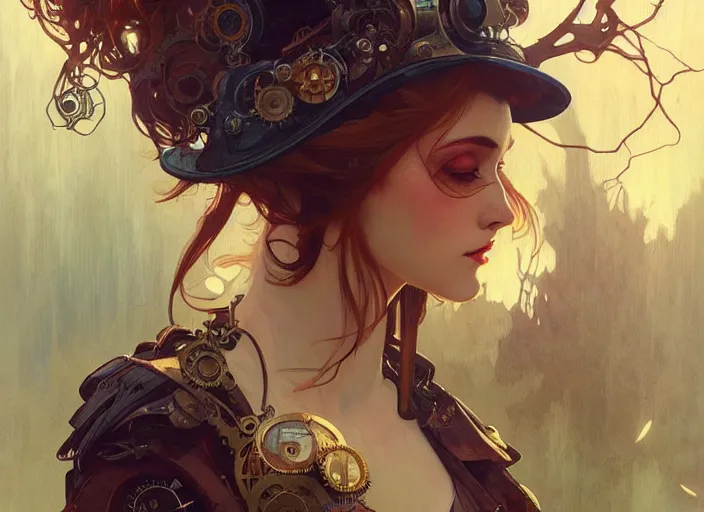 Image similar to woman model, steampunk!!! and modern, rgb, lake with trees, backlit, elegant, highly detailed, digital painting, artstation, concept art, smooth, sharp focus, illustration, art by krenz cushart and artem demura and alphonse mucha