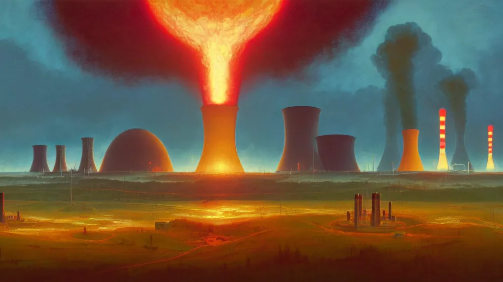 Image similar to A nuclear power plant in utopia by Simon Stålenhag and J.M.W. Turner, oil on canvas; Nuclear Fallout, Art Direction by Adam Adamowicz; 4K, 8K Ultra-Realistic Depth Shading