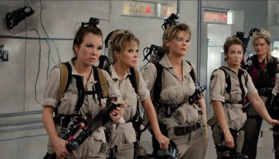 Prompt: big budget remake of ghost busters with all female cast that isn't funny.