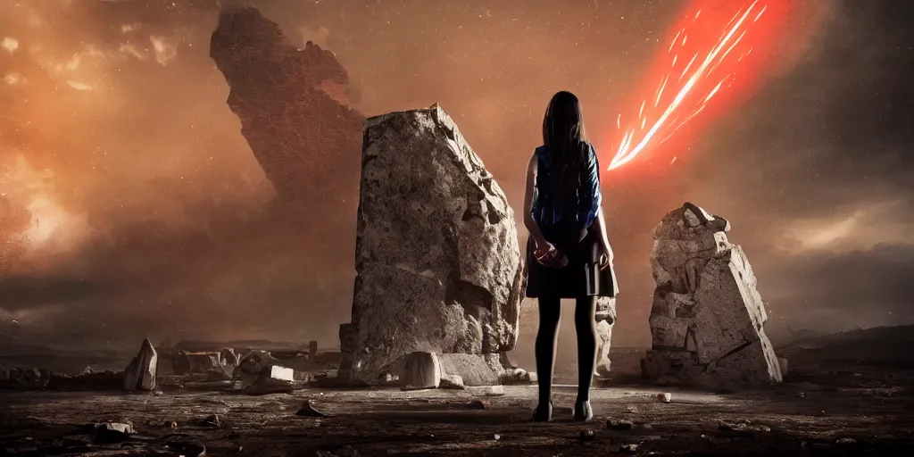 Image similar to a girl wearing fitting suit standing front of a huge towering and broken stone tablet with red light + alien pattern + an abandoned spaceship, stands in the center of a prosperous city at the end of the world, and the power and energy is explode, secret, mysterious, doomsday, landscape, 2 4 mm lens, video game control, quantum break, arknights,