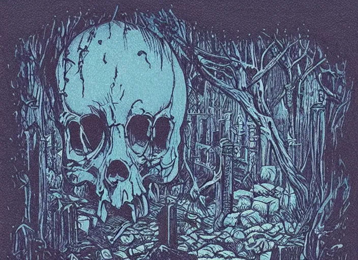 Image similar to blue woodcut print, cartoon halloween skull in graveyard at midnight by greg rutkowski, fine details, highly detailed