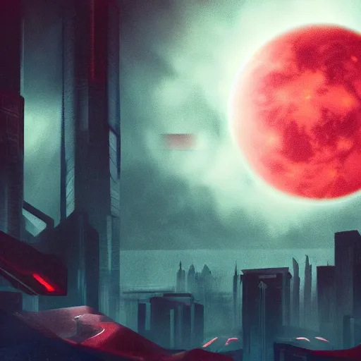 Prompt: blood red cresent moon, cyberpunk, stars