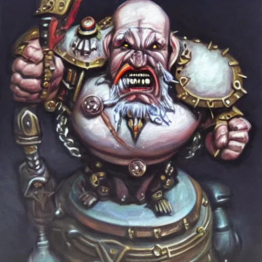 Image similar to chaos dwarf smith in the style of warhammer fantasy : : head and torso oil painting