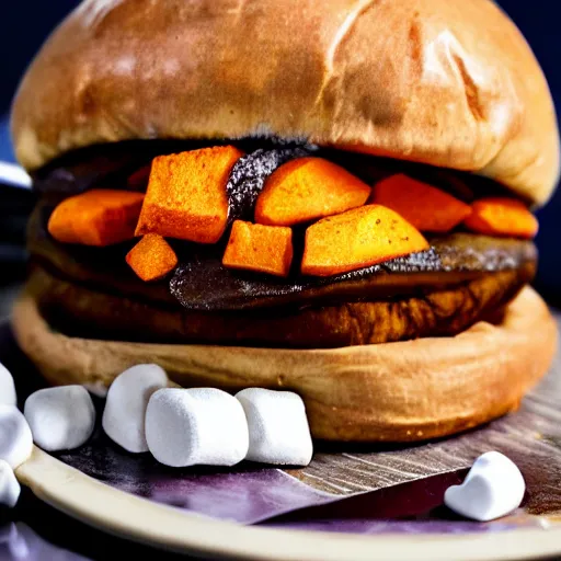Image similar to Fast Food commercial photograph of a cinnamon hamburger bun with sweet potatoes, and melted marshmallows inside