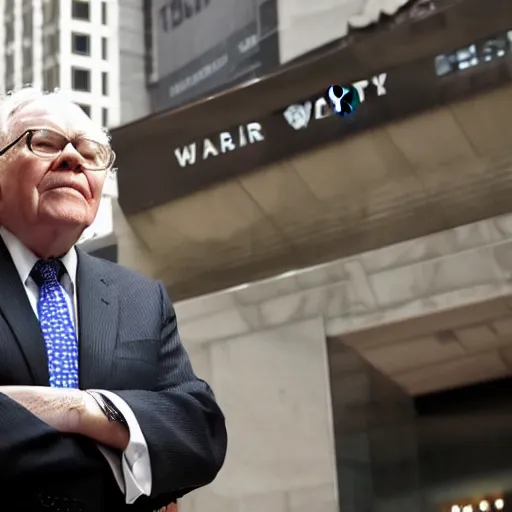 Prompt: warren buffet as a kristy creme standing outside wall street stock exchange, reality, realistic, detailed, 8 k, award winning, wide shot,