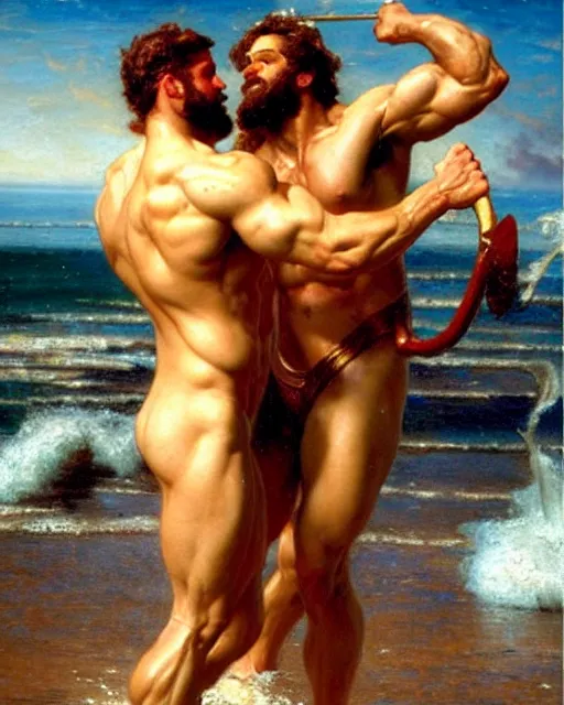 Prompt: muscular god neptune and muscular poseidon frolicking on the shore, painting by gaston bussiere, craig mullins, j. c. leyendecker,