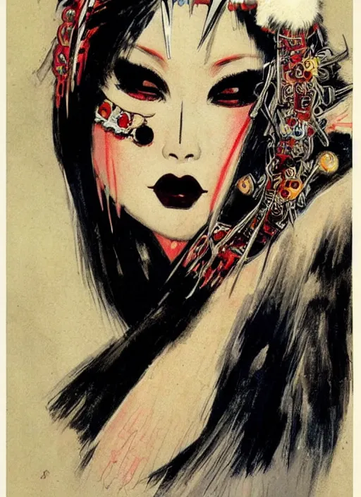 Image similar to female korean vampiress, jeweled headdress, heavy mascara, strong line, saturated color, beautiful! coherent! by frank frazetta, high contrast, minimalism