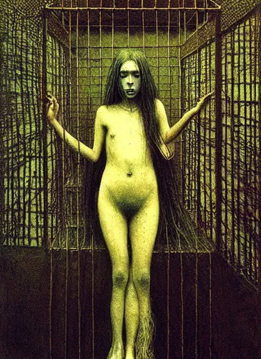 Image similar to girl with long hairs inside cage by Beksinski