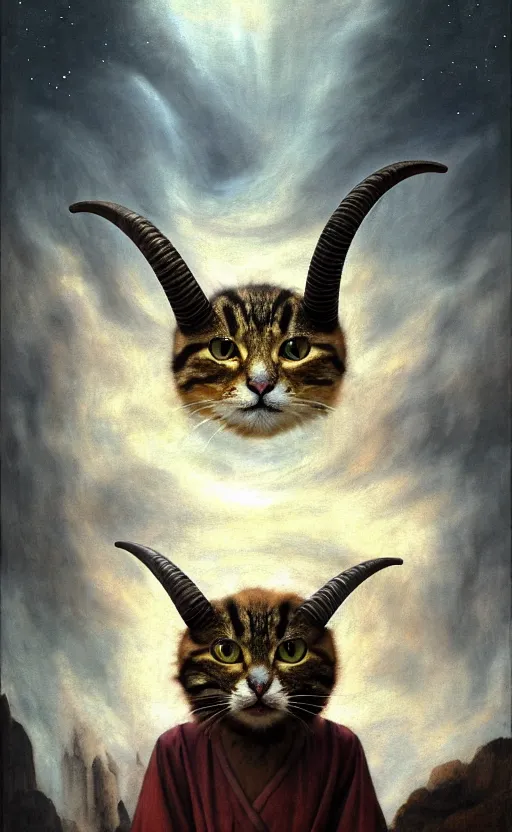 Prompt: a bipedal cat that has goat horns, anthropomorphic cat that is wearing robes, oil painting, by leonardo da vinci, d & d, fantasy, concept art, cosmic, magical, fog, noble, full body portrait, intricate, ornate, extremely detailed, cult, ritual, sharp focus, 4 k, 8 k