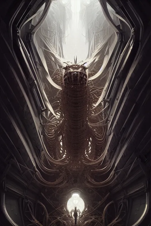 Prompt: professional concept art symmetric portrait of a terrifying! mechanical! predatory fractal! species in a dark room by artgerm and greg rutkowski. an intricate, elegant, highly detailed digital painting, concept art, smooth, sharp focus, illustration, in the style of cam sykes.