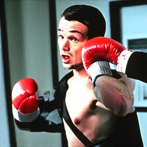 Image similar to Andrew Tate boxing in American Psycho (1999)