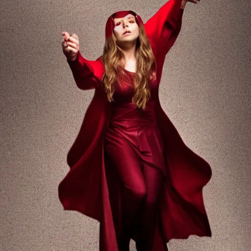 Image similar to elizabeth olsen as the scarlet witch, floating in the air as she emanates magic from her palms, full - body portrait, 3 5 mm!!!!! photography, disdain facial expression, messy!!!!! hair, trending on artstation, photorealistic!!!!!, 4 k, 8 k