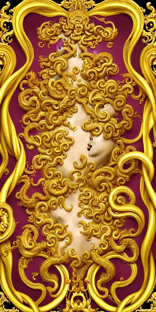 Image similar to the source of future growth dramatic, elaborate emotive Golden Baroque and Rococo styles to emphasise beauty as a transcendental, seamless pattern, symmetrical, large motifs, versace medusa logo in centre, bvlgari jewelry, rainbow syrup splashing and flowing, Palace of Versailles, 8k image, supersharp, spirals and swirls in rococo style, medallions, iridescent black and rainbow colors with gold accents, perfect symmetry, High Definition, photorealistic, masterpiece, smooth gradients, high contrast, 3D, no blur, sharp focus, photorealistic, insanely detailed and intricate, cinematic lighting, Octane render, epic scene, 8K