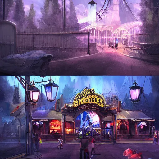 Image similar to cutting edge theme park dark ride concept art, digital art, dramatic lighting, trending on artstation