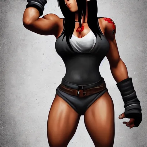 Prompt: high quality art of tifa lockhart with tattoos, flexing, trending on artstation