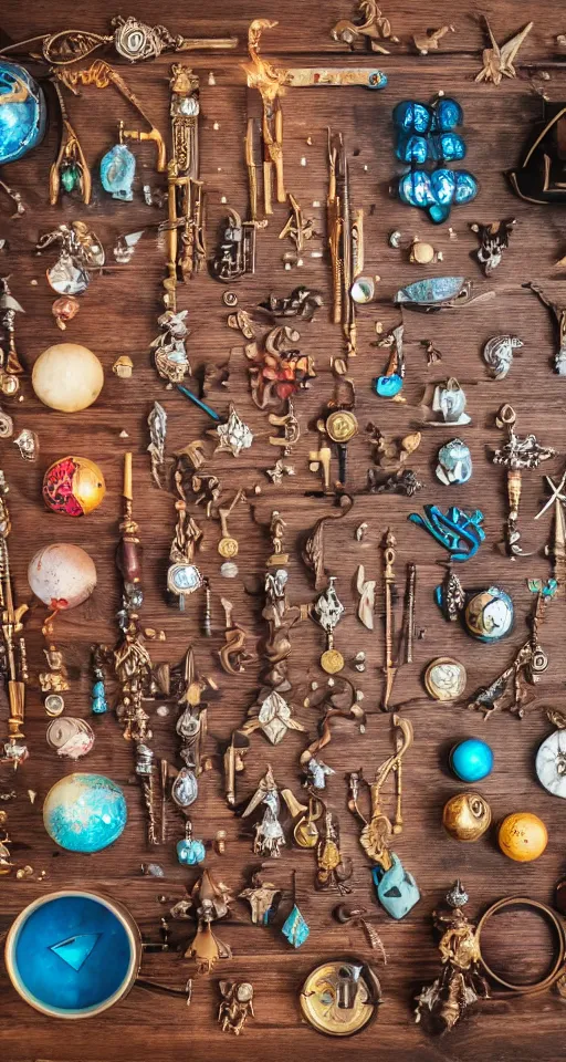 Image similar to a knolling of magical weapons, glowing potions, amulets, wands, spell-books and other magical apparatus, top down view, overhead view, flatlay