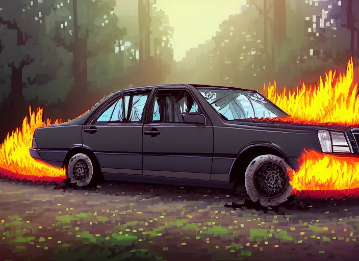 Prompt: burning wrecked mercedes 1 2 4, pixelart by kirokaze, award winning. dramatic. trending on artstation. 8 k