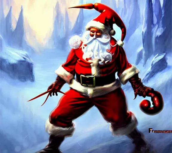 Image similar to magic : the gathering fantasy character concept art of the great anthropomorphic lobster wearing santa outfit by franz frazetta, high resolution. a clear portrait of powerful lobster wearing a santa outfit, magical christmas fantasy in background, fantasy coloring, intricate, digital painting, artstation, smooth, sharp focus