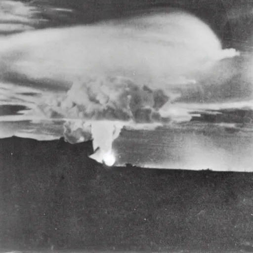 Image similar to a photo taken from inside of a trench showing a nuclear explosion in the distance, you can see the explosion's shockwave in the clouds, realistic, taken on a ww 2 camera.