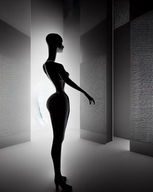 Prompt: black and white high quality photo of a female AI-queen-dragon-meshes-mannequin-cyborg looking into a sci-fi mirror, volumetric lighting, brutalism, foggy, dreamy, hyperdetailed, bokeh, photorealistic, cinematic, masterpiece, elegant, dark, by Man Ray in the style of Horst P. Horst, octane render, 8K,