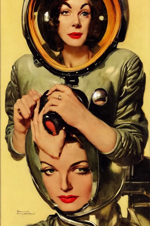 Prompt: 5 0 s pulp scifi fantasy head and shoulders portrait striking elegant mature woman in leather spacesuit by norman rockwell, roberto ferri, daniel gerhartz, edd cartier, jack kirby, howard v brown, ruan jia, tom lovell, frank r paul, jacob collins, dean cornwell, astounding stories, amazing, fantasy, other worlds