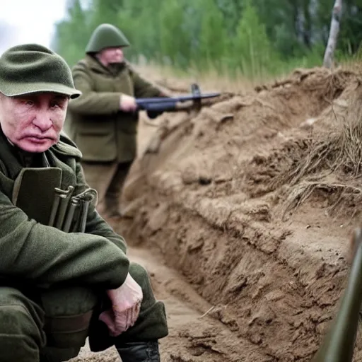 Prompt: Putin is sitting in the trenches and defending himself from Ukrainian troops, household style