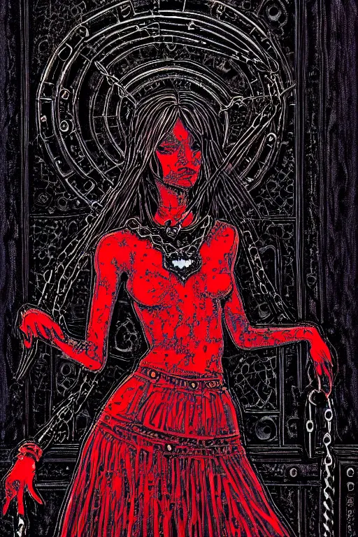 Image similar to dreamy gothic girl, black leather slim skirt, chains, red spirit, beautiful body shape, detailed acrylic, grunge, intricate complexity, by dan mumford and by alberto giacometti, peter lindbergh