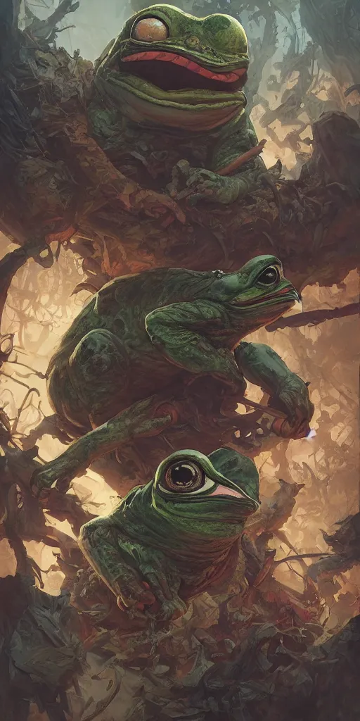 Image similar to Pepe The Frog, marvel comics, dark, intricate, highly detailed, smooth, artstation, digital illustration by Ruan Jia and Mandy Jurgens and Artgerm and Wayne Barlowe and Greg Rutkowski and Frank Frazetta