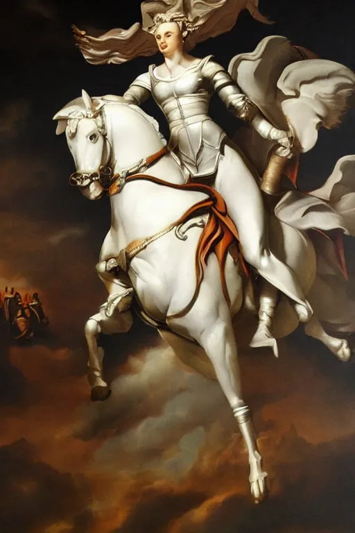 Prompt: Margaret Thatcher riding a valiant armoured steed, oil on canvas by Antonio Canova,
