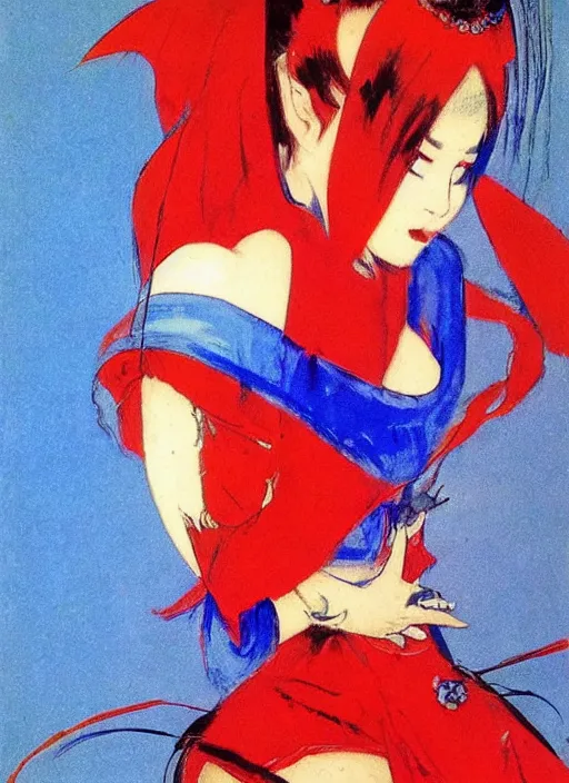 Image similar to portrait of mighty korean vampiress, jeweled veil, blue and red, strong line, saturated color, beautiful! coherent! by frank frazetta, high contrast, minimalism