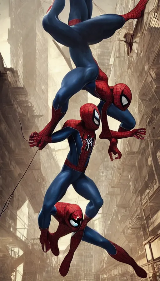 Image similar to beautiful illustration of spiderman fighting venom in a abandoned warehouse by guweiz and artgerm, cinematic lighting, epic composition, rule of thirds, golden ratio