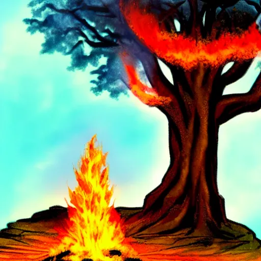 Prompt: a tree on fire with jesus standing infront of it, highly detailed,