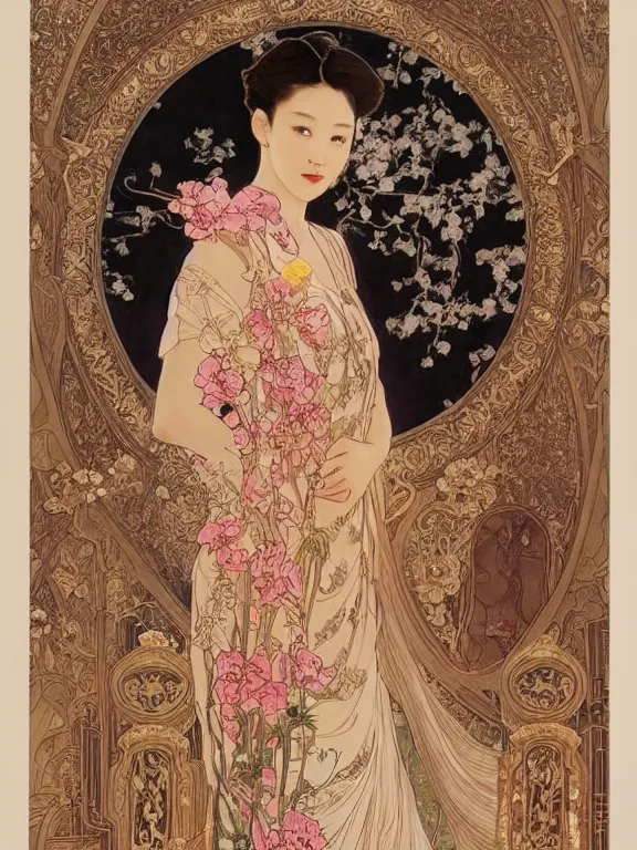 Image similar to an art nouveau painting of a pretty young zhang ziyi, dressed in a traditional, modest chinese intricately embroidered silk gown with a high collar, in front of a carved screen showing a tiger and a dragon, intricate, detailed, smooth, complex, elaborate, by alphonse mucha and james gurney and john william waterhouse