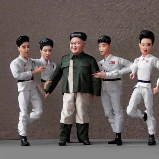 Image similar to kim jong un doll screaming with bts boy band dolls octane render