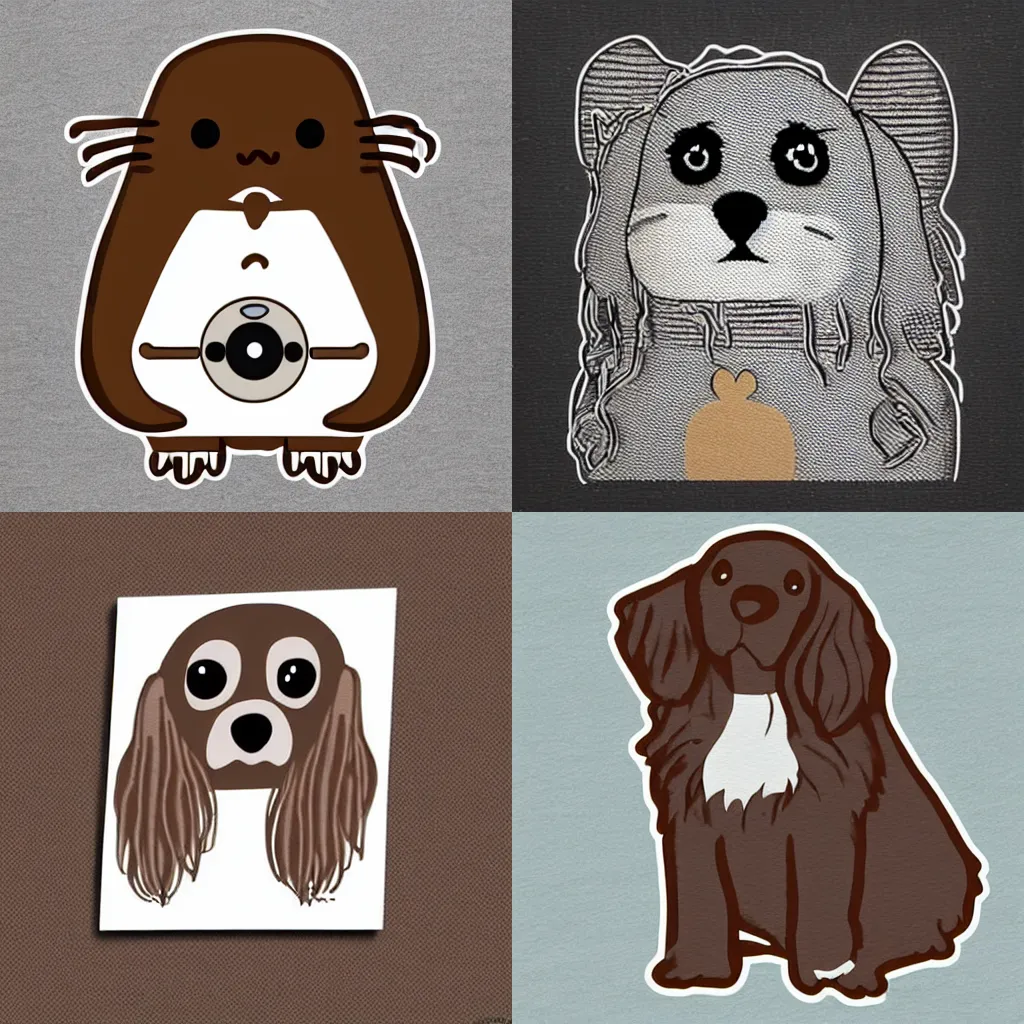 Prompt: a brown and white sprocker Spaniel!!, Playing DJ!!! decks. Style of Pusheen!!. Comic, artwork, silly,expressive!!!!!, front facing, (webcomic),((woodblock)),(screen print), watercolours, single, 'white background'!!!