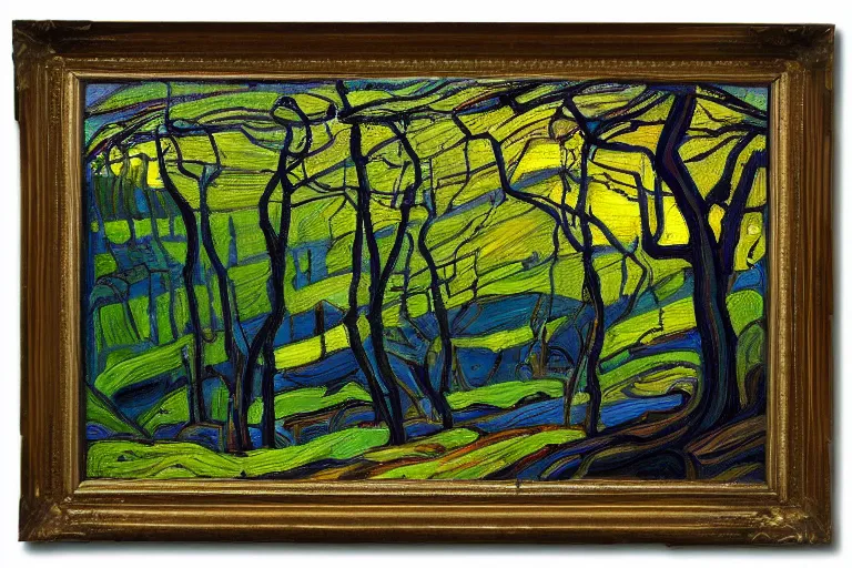 Prompt: masterpiece painting of oak trees on a hillside overlooking a creek, dramatic lighting, by tom thomson