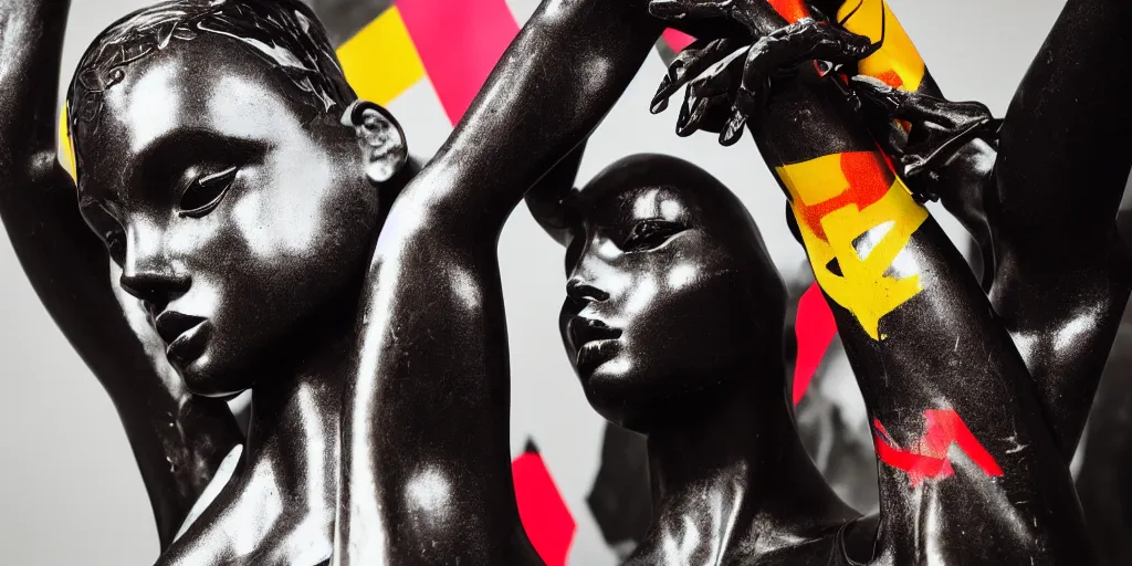 Image similar to extremely beautiful female black marble statue in the style of virgil abloh, colorful motocross logos behind her, sharp focus, clear, detailed,, cinematic, detailed, off white, glamourous, symmetrical, vogue, editorial, fashion, magazine shoot, glossy