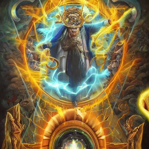 Image similar to crazy hermetic magician working with elementals, picture full of symbolism, tarotlike, dynamic colours, hyper detailed, hyper realistic