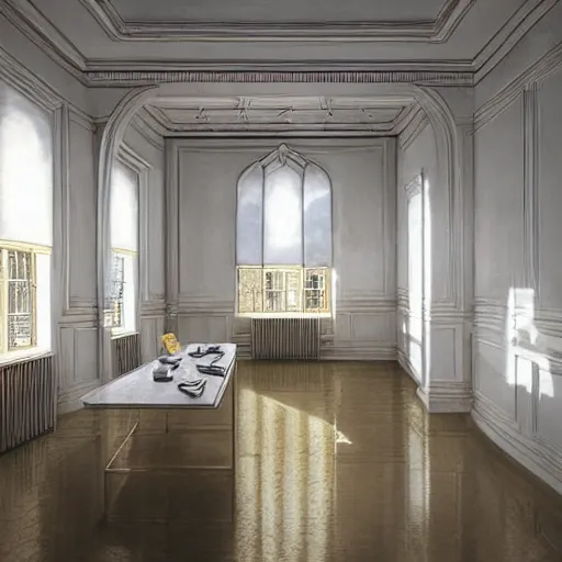 Prompt: cream - colored studio, vanilla - colored lighting, soft golden light, marble room, marble floor, yellow lighting, bare room, empty room, studio room, art room, window to night time, night time, warm lighting inside, art by artgerm