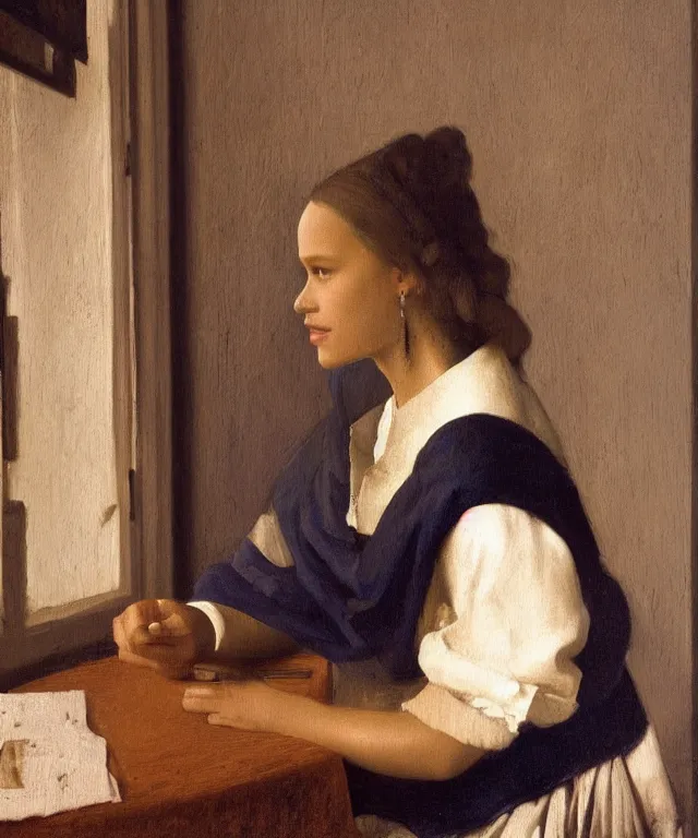 Prompt: a highly detailed, beautifully lit portrait of a pretty, young alicia jessica vikander alba sitting at a table by an open window, oil painting portrait by vermeer