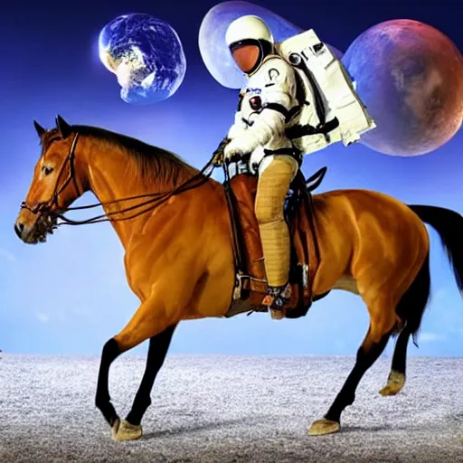 Image similar to a horse sat, saddled, on horseback, an astronaut and rides him into space