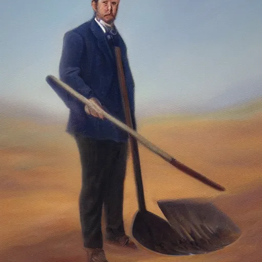 Image similar to A oil painting of a man with a shovel standing next to an open grave, subtle blue, orange, and dark green tones, high quality, high detail,